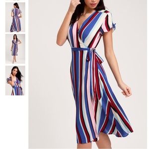 NWT - LULA'S BLUE MULTI STRIPE MIDI WRAP DRESS